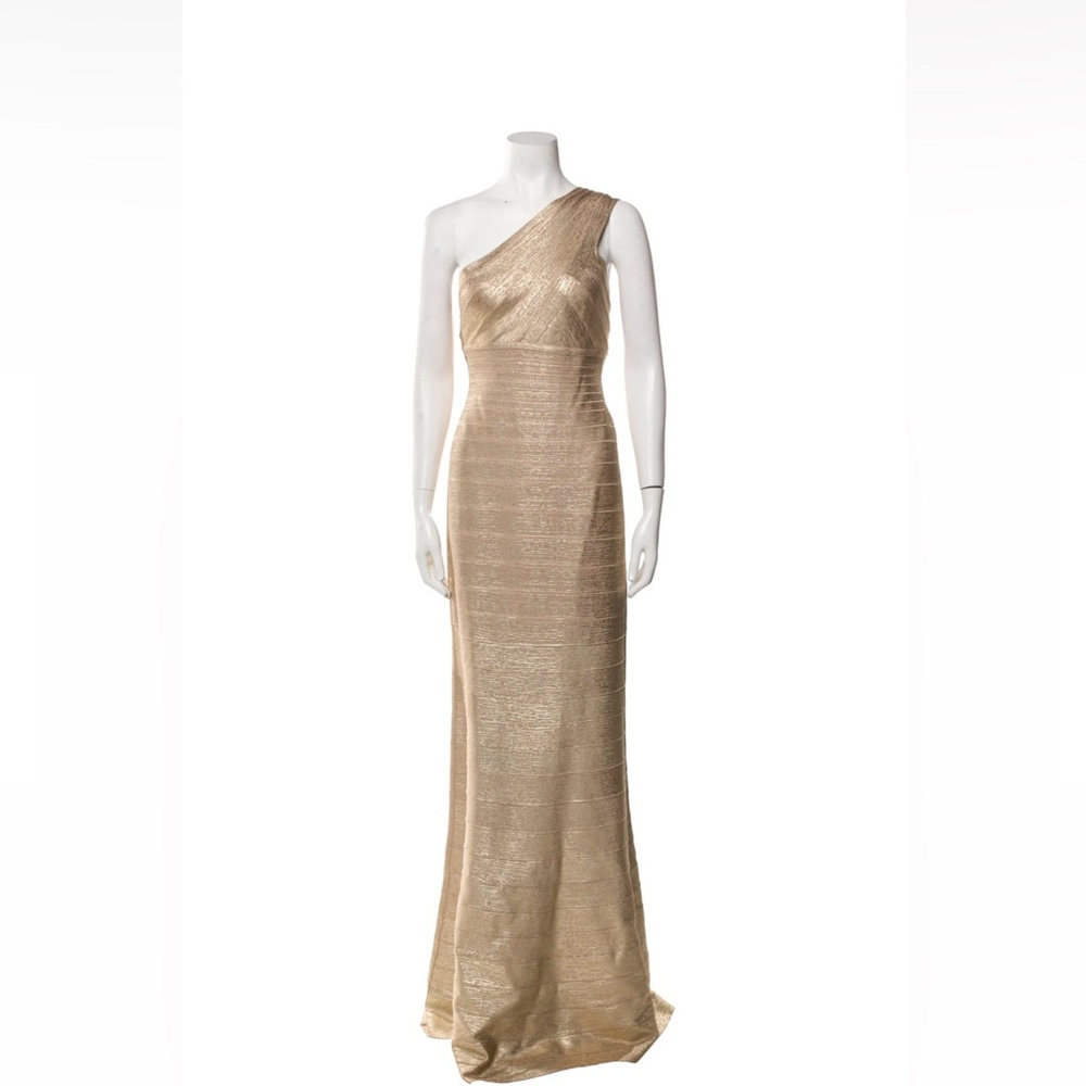 Herve Leger maxi gold gown one shoulder bodycon